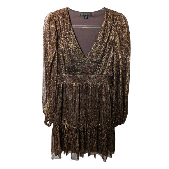 Boston Proper Bronze Metallic Pleated Above the Knee Dress NWT Size 12 - Picture 1 of 9